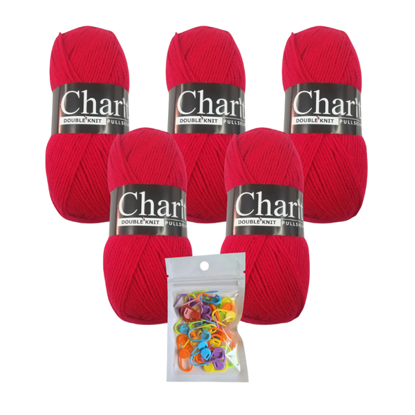 5 x 100g 169 Cherry Red Charity Double Knit Pullskein