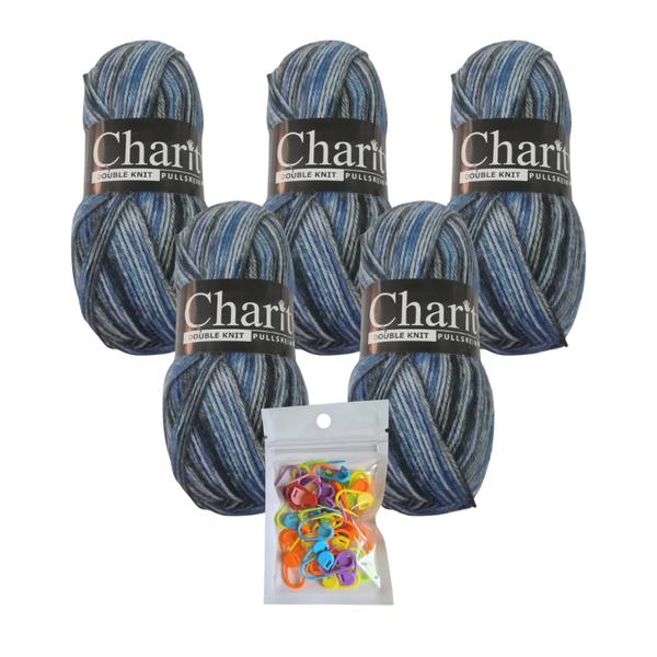 5 x 100g 222 Blue Fin Charity Double Knit Print