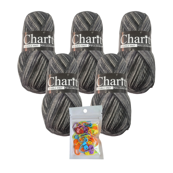 5 x 100g 225 Gunmetal Grey Charity Double Knit Print