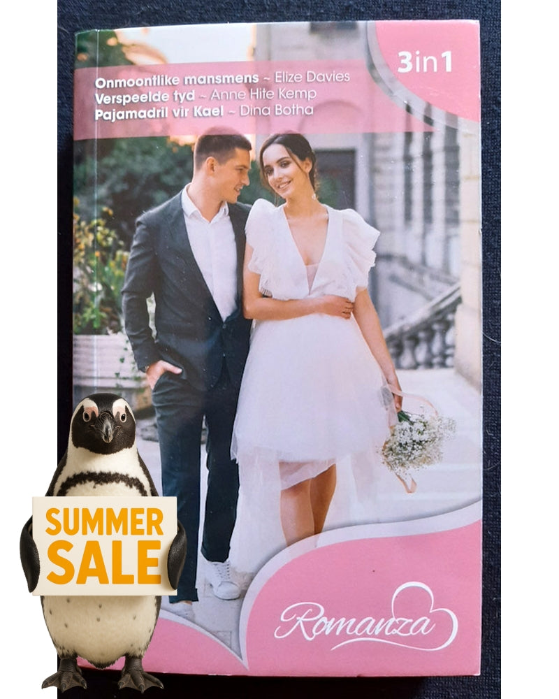 Front Cover Of Romanza 3 in 1:Onmoontlike Mansmens/ Verspeelde Tyd /Pajamadril  Vir Kael (Elize Davies, Anne Hite Kemp, Dina Botha)